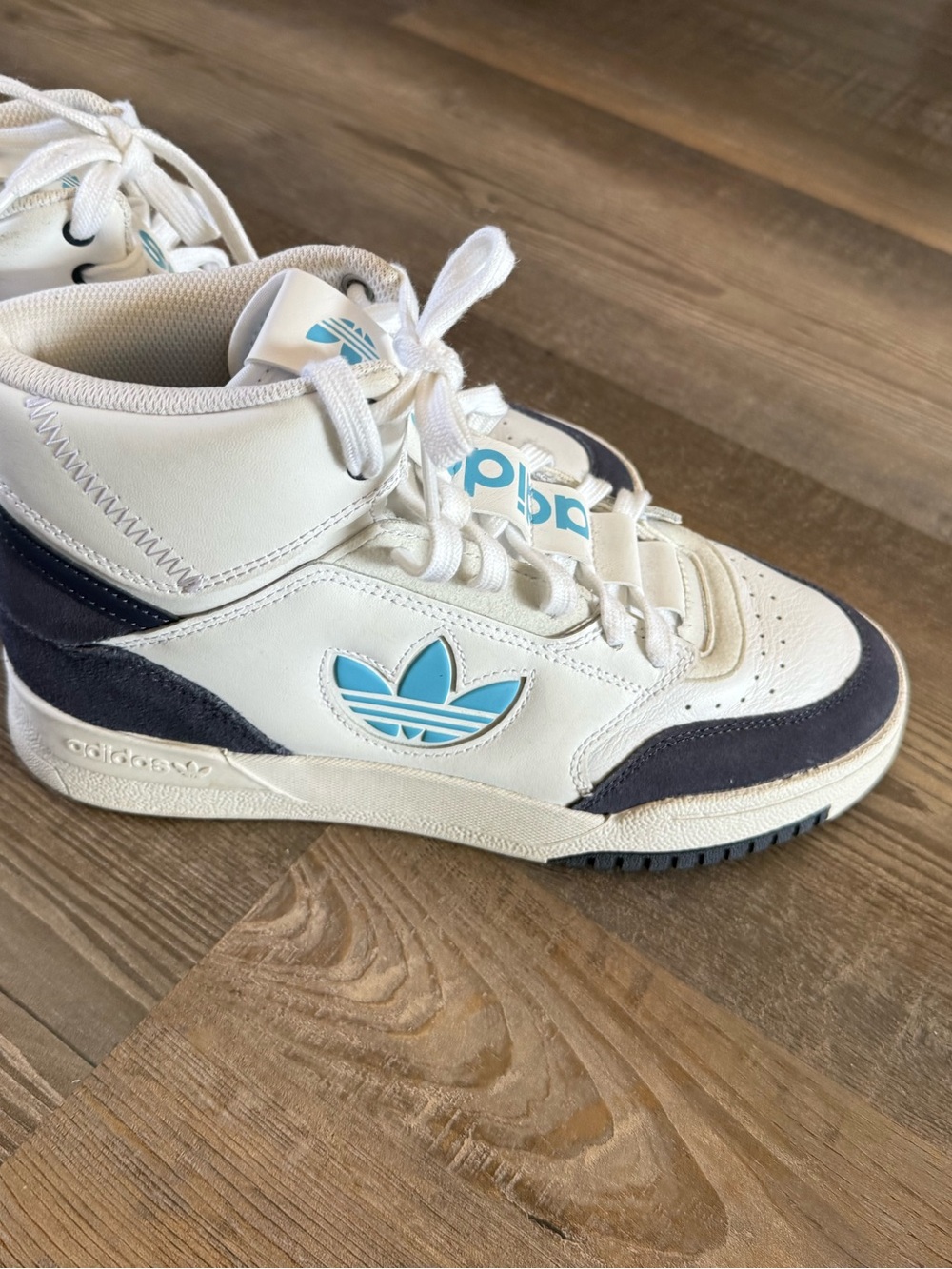 adidas White High-Top Sneakers with Light Blue Trefoil